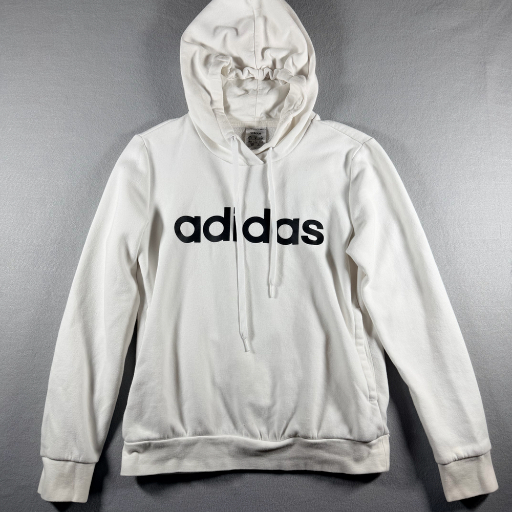 Adidas Womens S White Pullover Hoodie Black Linear Logo Sweatshirt